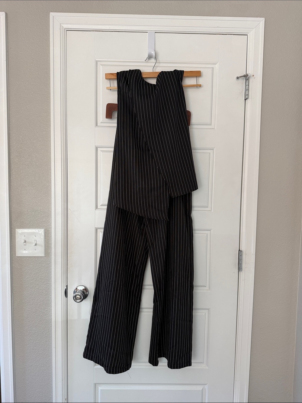 SHEIN SET Black Pinstripe Wide-Leg Jumpsuit Set